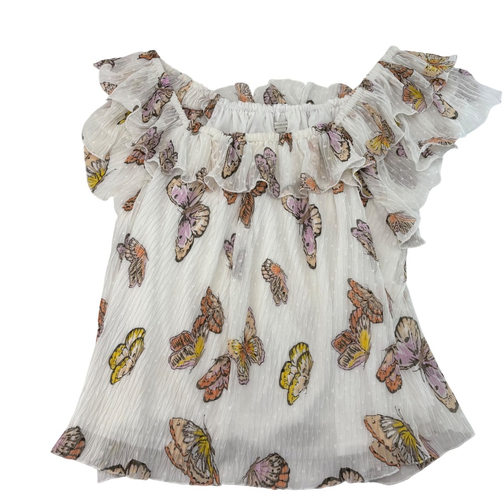 Established Butterfly Print Off the Shoulder Ruffle Blouse White Plus 26/28W
